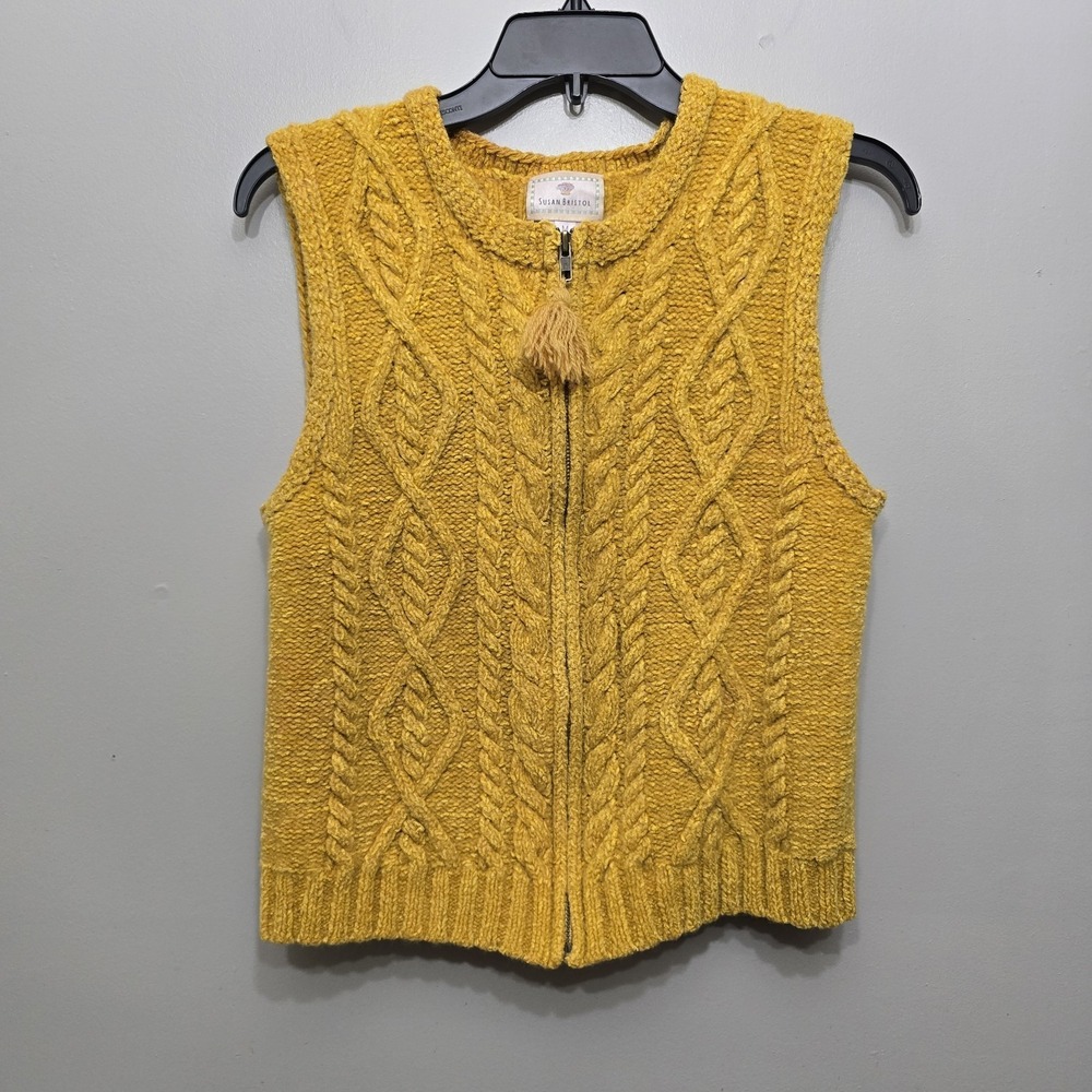 Susan Bristol Yellow Vest Cableknit Sleeveless Zip Up Sweater Womans Tassle M - Picture 1 of 12
